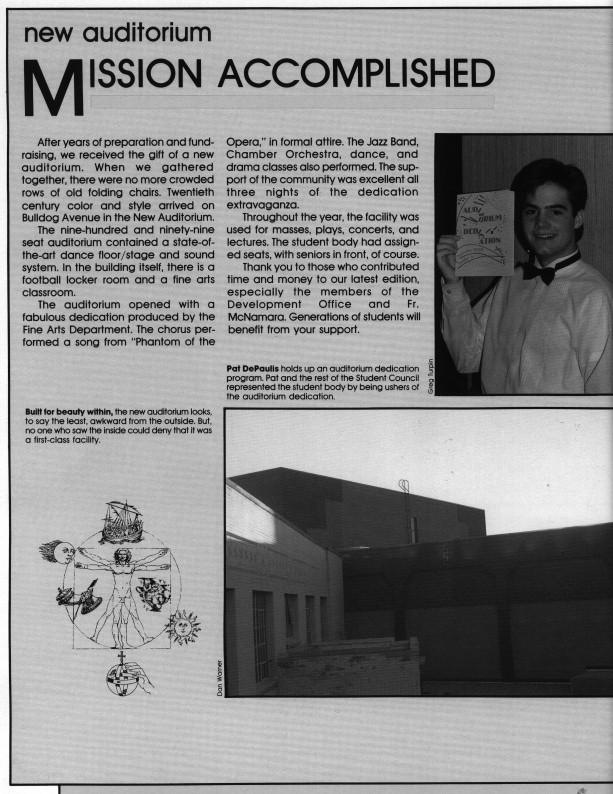 A page from the 1989 yearbook about the auditorium completion. Until then, all assemblies were held in the current dance studio.