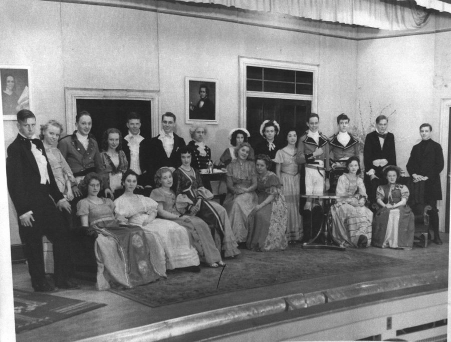 The cast of the 1939 production of Pride and Prejudice. The play was performed on the new stage in the auditorium. Whats left of the original stage can be seen behind the mirrors in the current dance studio.