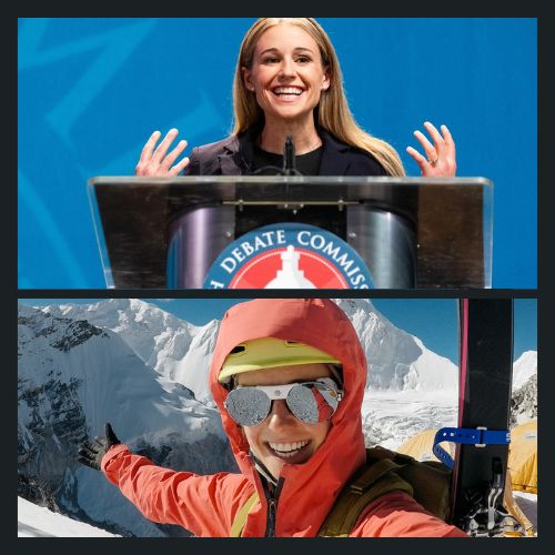 (Top) Caroline at the Utah Debate Commission

(Bottom) Caroline skiing in the Himalayas