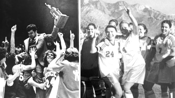 Left: Coach Jim Yerkovich celebrates the 1980 championship. Right: The 2002 girls soccer team after the program's first state championship.